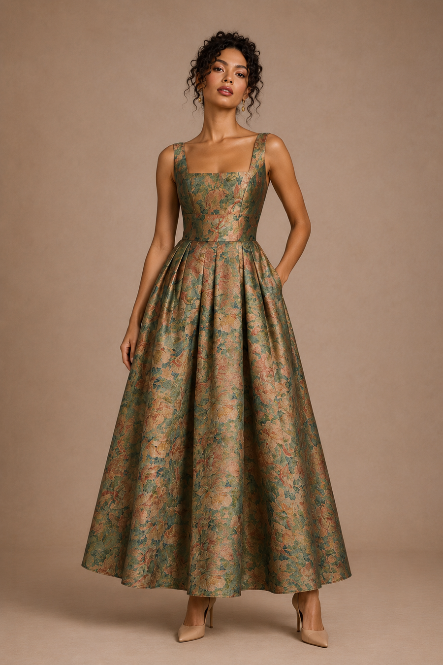 Sílvia | Vestido comprido evasê plissados em brocado