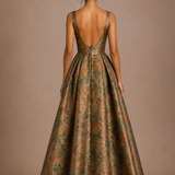 Sílvia | Vestido comprido evasê plissados em brocado