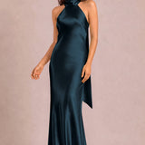 Soraia Azul Marinho Escuro | Vestido comprido tubinho em cetim brilhante com detalhe drapeado