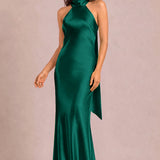 Soraia Esmeralda | Vestido comprido tubinho em cetim brilhante com detalhe drapeado