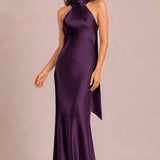 Soraia Violeta | Vestido comprido tubinho em cetim brilhante com detalhe drapeado