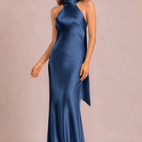 Soraia Azul Marinho | Vestido comprido tubinho em cetim brilhante com detalhe drapeado