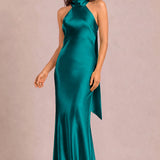 Soraia Azul Pavão | Vestido comprido tubinho em cetim brilhante com detalhe drapeado