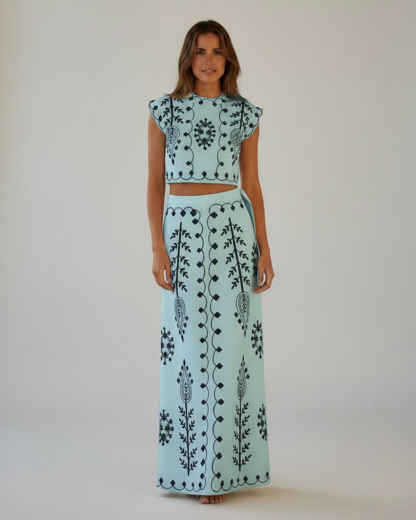 Studio photoshoot - vestido azul bordado