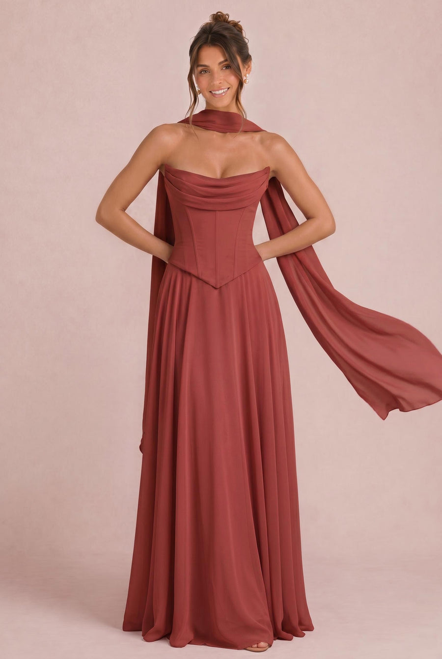 Tatiana Castanho Acobreado | Vestido de dama de honor de duas peças em chiffon com corset e detalhe drapeado