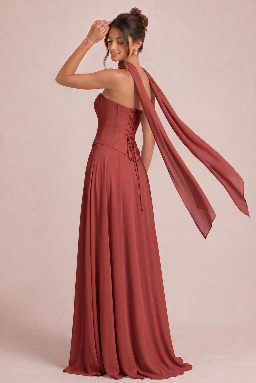 Tatiana Castanho Acobreado | Vestido de dama de honor de duas peças em chiffon com corset e detalhe drapeado