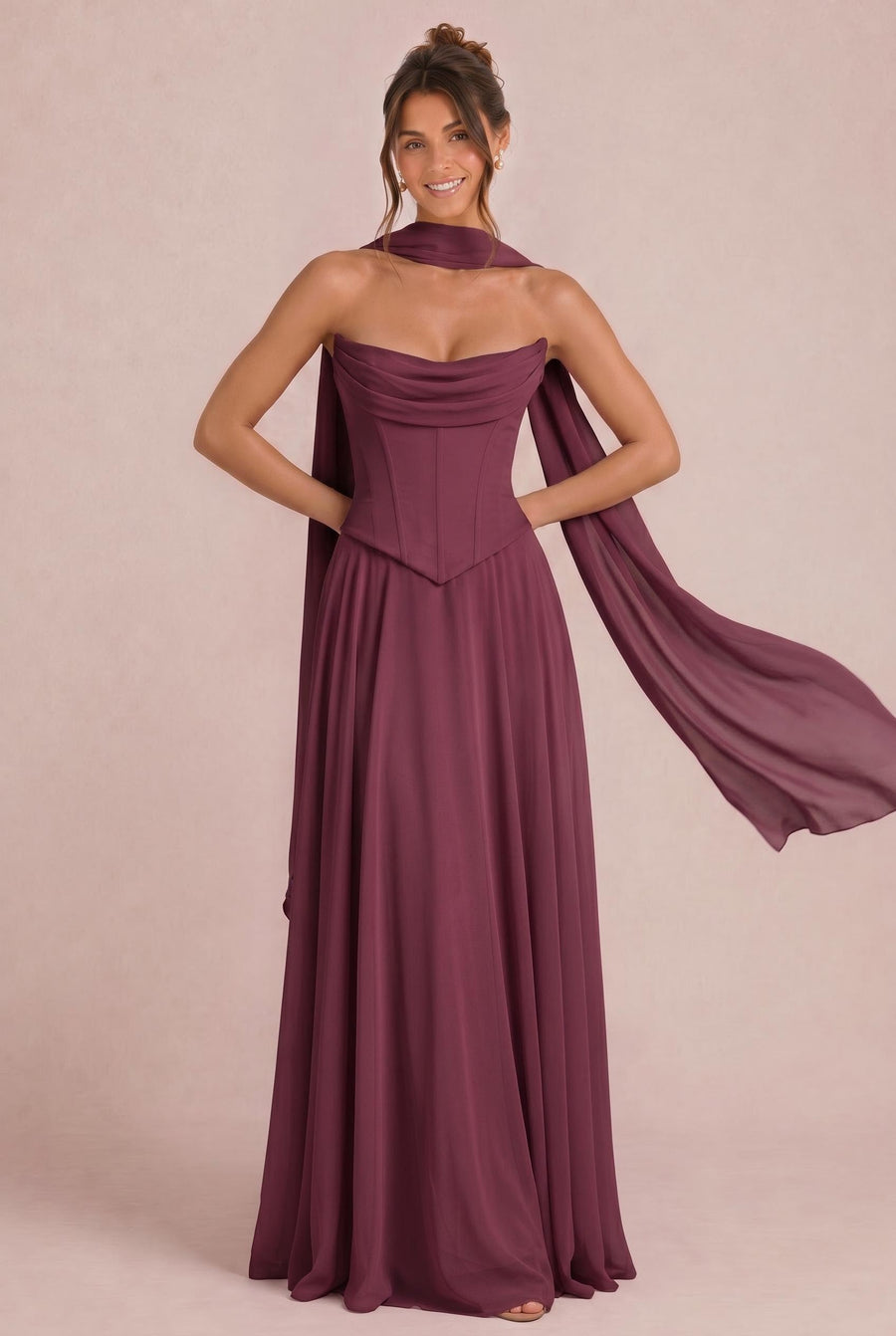 Tatiana Cabernet | Vestido de dama de honor de duas peças em chiffon com corset e detalhe drapeado