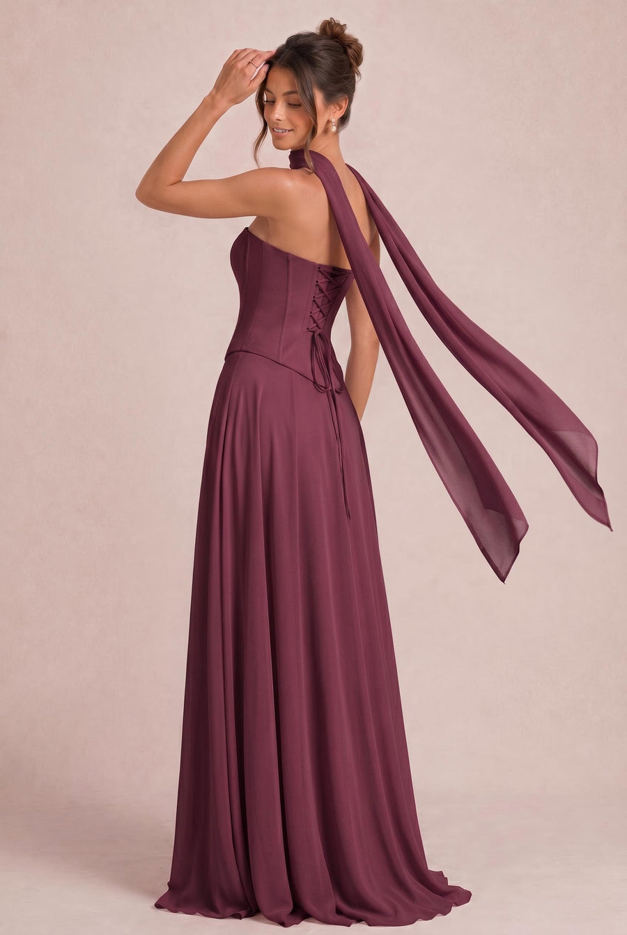 Tatiana Cabernet | Vestido de dama de honor de duas peças em chiffon com corset e detalhe drapeado