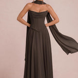 Tatiana Chocolate | Vestido de dama de honor de duas peças em chiffon com corset e detalhe drapeado