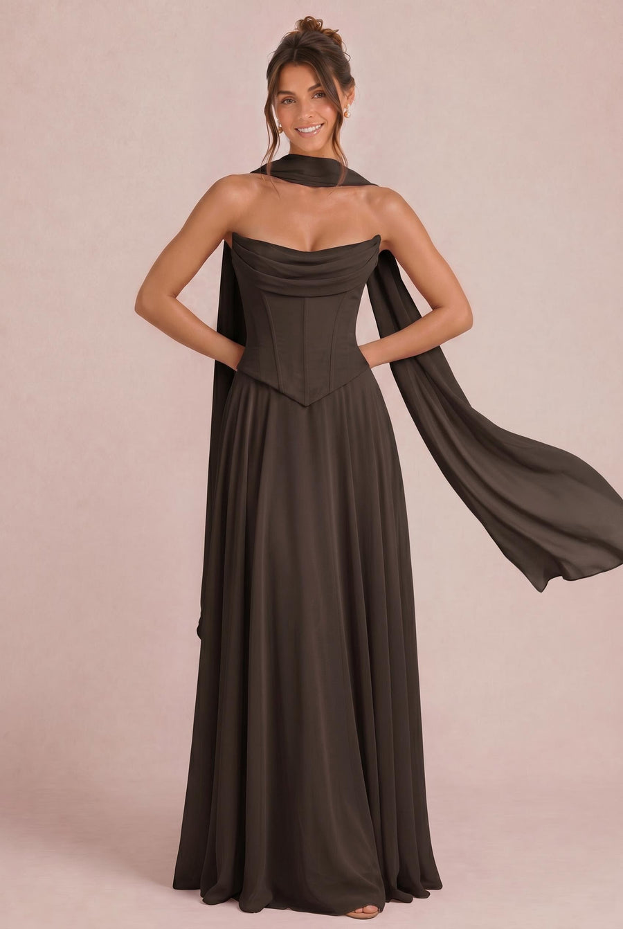 Tatiana Chocolate | Vestido de dama de honor de duas peças em chiffon com corset e detalhe drapeado