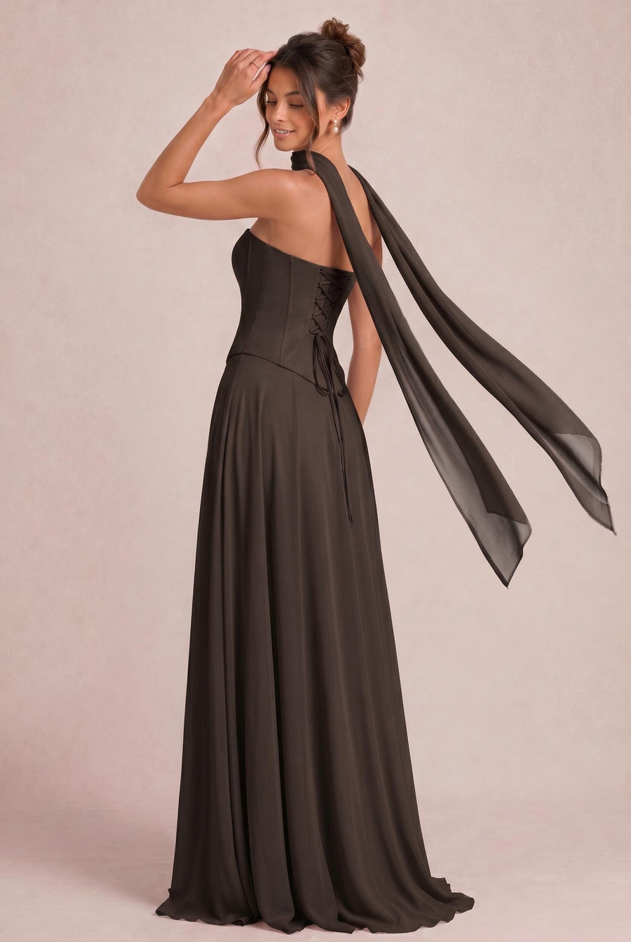 Tatiana Chocolate | Vestido de dama de honor de duas peças em chiffon com corset e detalhe drapeado