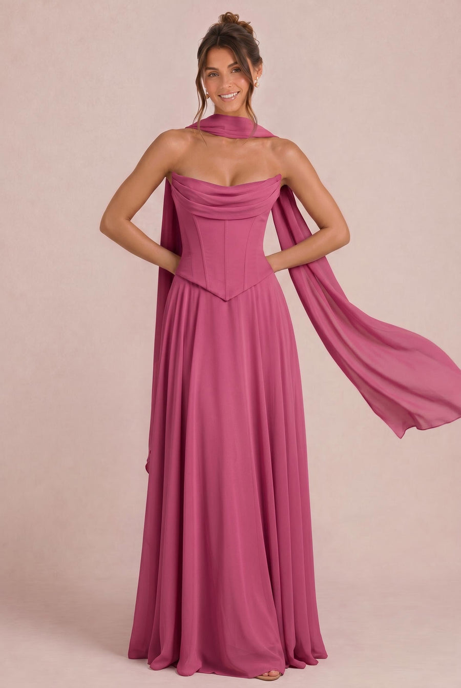 Tatiana Rosa Canela | Vestido de dama de honor de duas peças em chiffon com corset e detalhe drapeado
