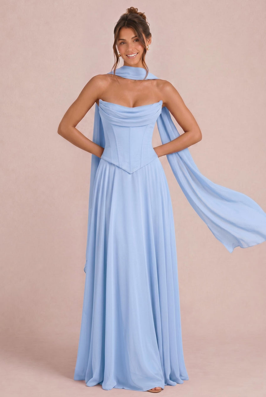 Tatiana Azul Centáurea | Vestido de dama de honor de duas peças em chiffon com corset e detalhe drapeado