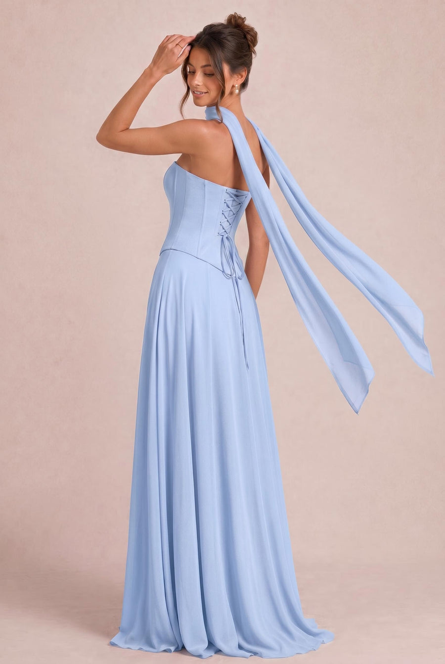 Tatiana Azul Centáurea | Vestido de dama de honor de duas peças em chiffon com corset e detalhe drapeado
