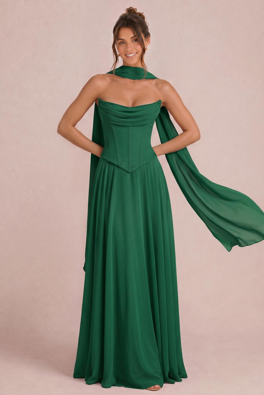 Tatiana Verde Escuro | Vestido de dama de honor de duas peças em chiffon com corset e detalhe drapeado