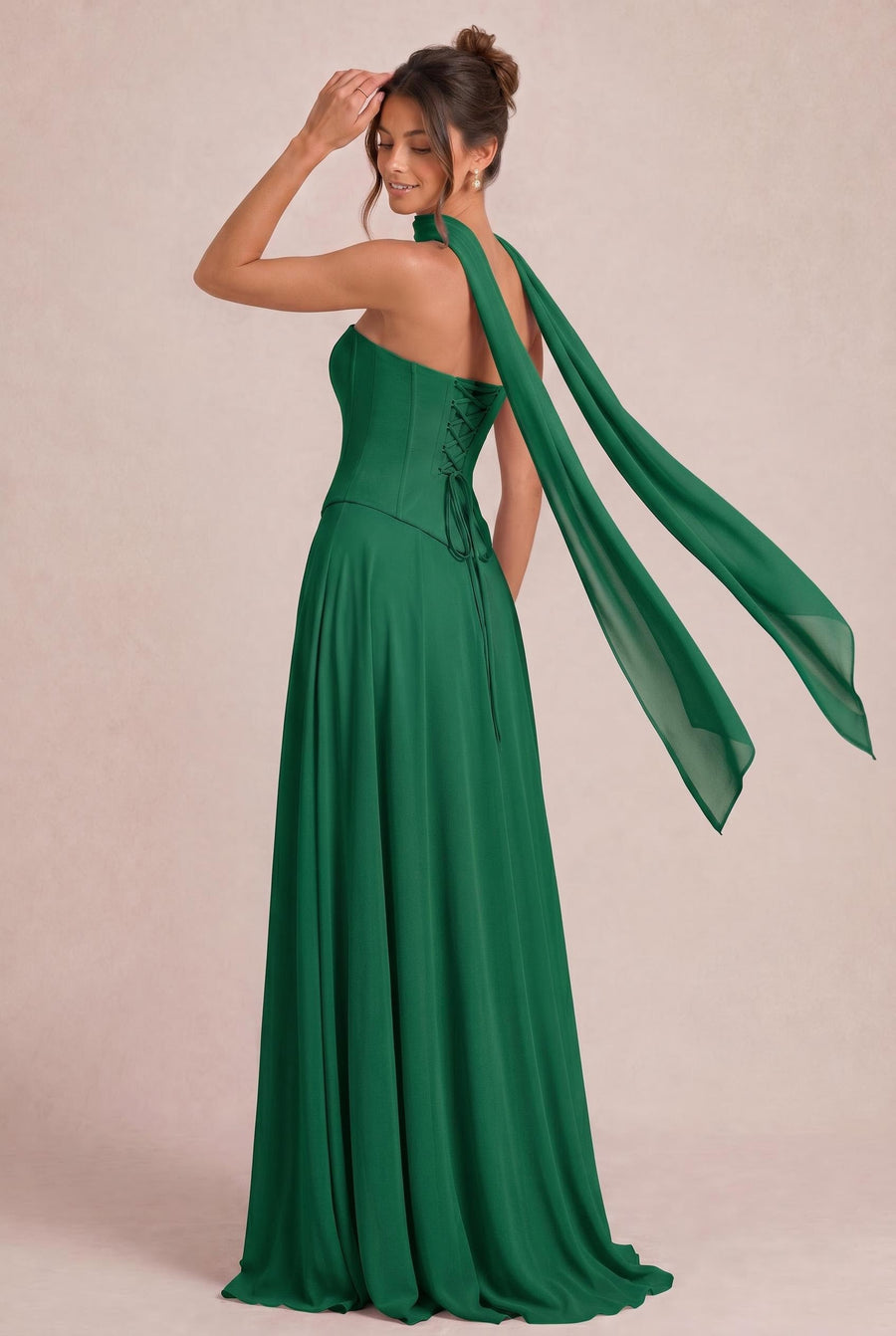 Tatiana Verde Escuro | Vestido de dama de honor de duas peças em chiffon com corset e detalhe drapeado