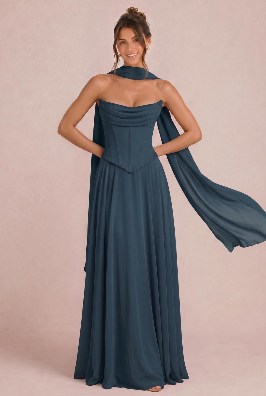 Tatiana Azul Marinho Escuro | Vestido de dama de honor de duas peças em chiffon com corset e detalhe drapeado