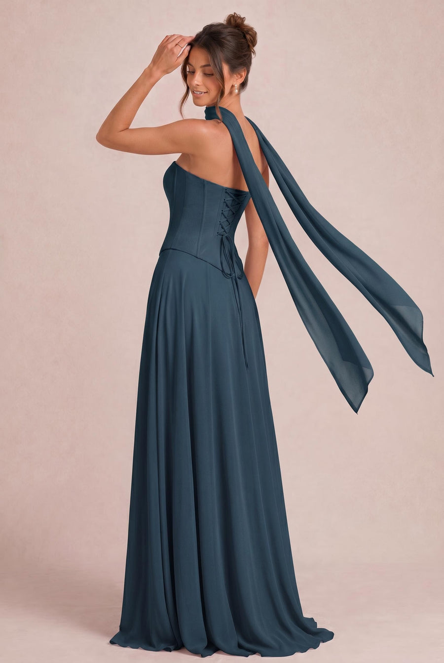Tatiana Azul Marinho Escuro | Vestido de dama de honor de duas peças em chiffon com corset e detalhe drapeado