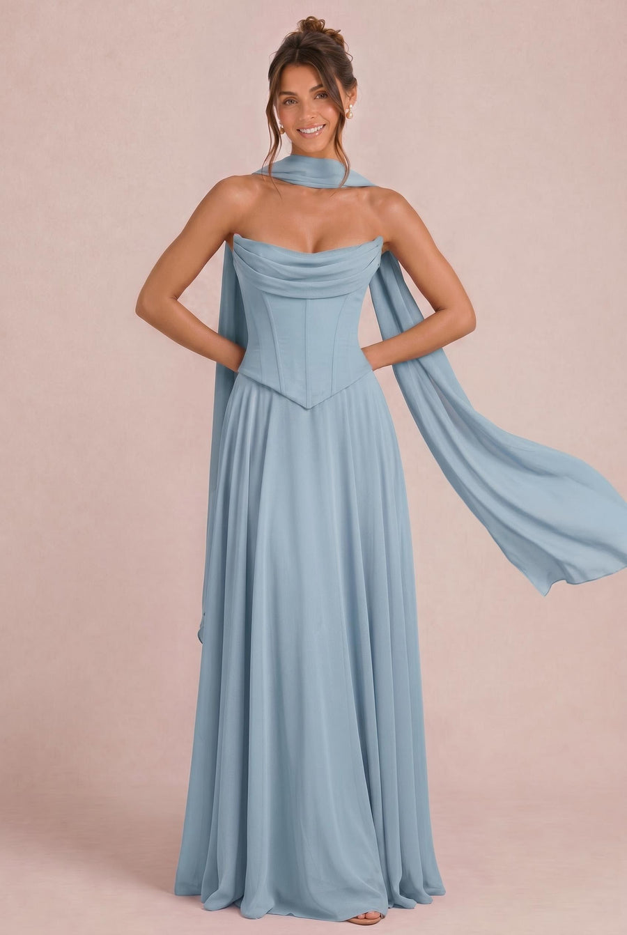 Tatiana Azul Pó | Vestido de dama de honor de duas peças em chiffon com corset e detalhe drapeado