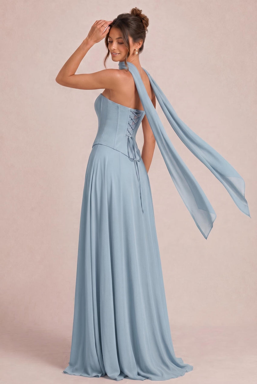 Tatiana Azul Pó | Vestido de dama de honor de duas peças em chiffon com corset e detalhe drapeado