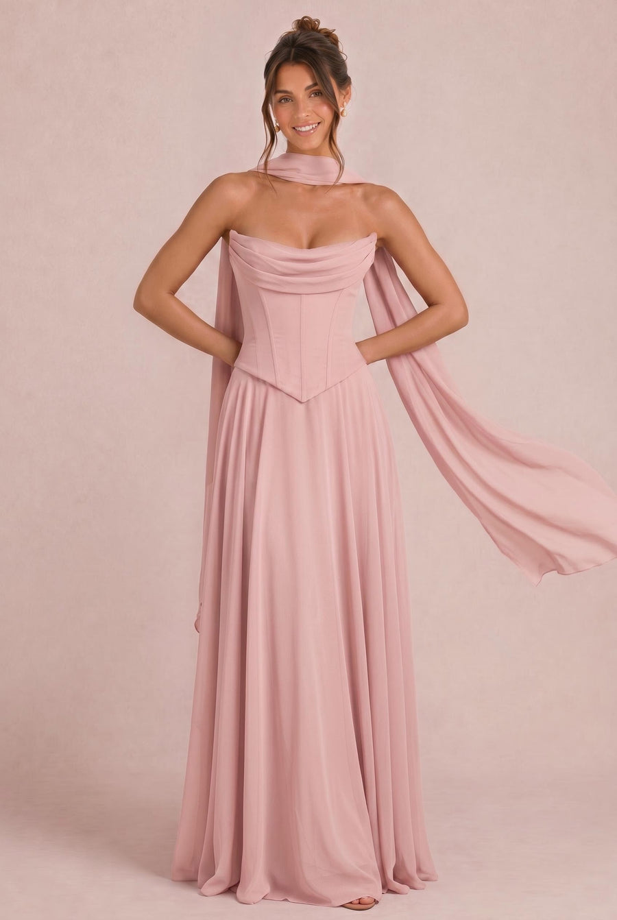 Tatiana Rosa Empoeirado | Vestido de dama de honor de duas peças em chiffon com corset e detalhe drapeado
