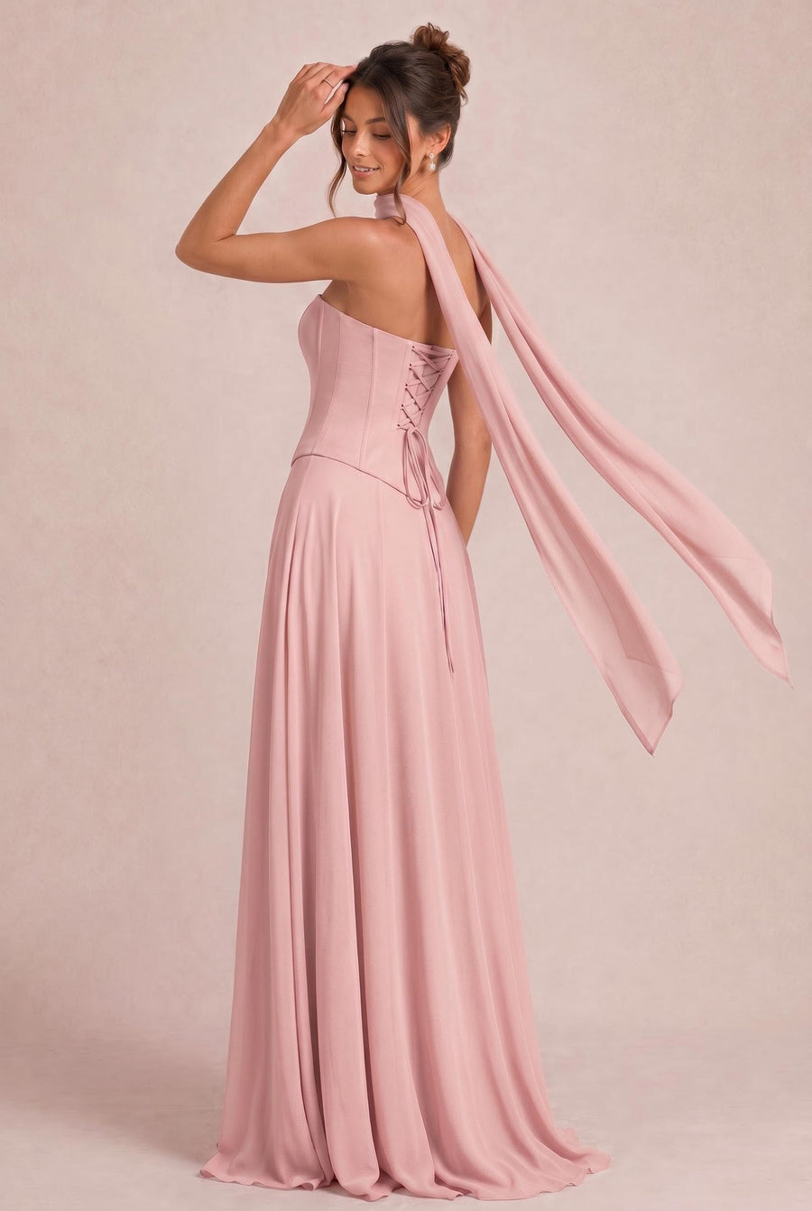 Tatiana Rosa Empoeirado | Vestido de dama de honor de duas peças em chiffon com corset e detalhe drapeado