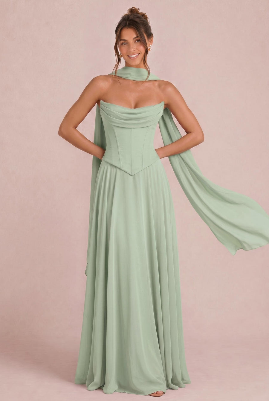 Tatiana Salva Empoeirada | Vestido de dama de honor de duas peças em chiffon com corset e detalhe drapeado