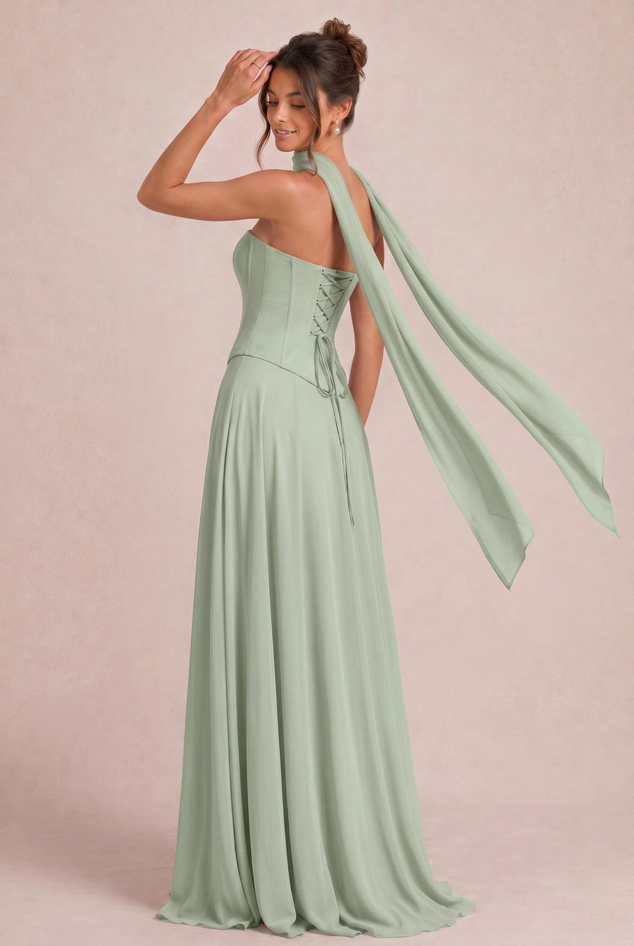 Tatiana Salva Empoeirada | Vestido de dama de honor de duas peças em chiffon com corset e detalhe drapeado