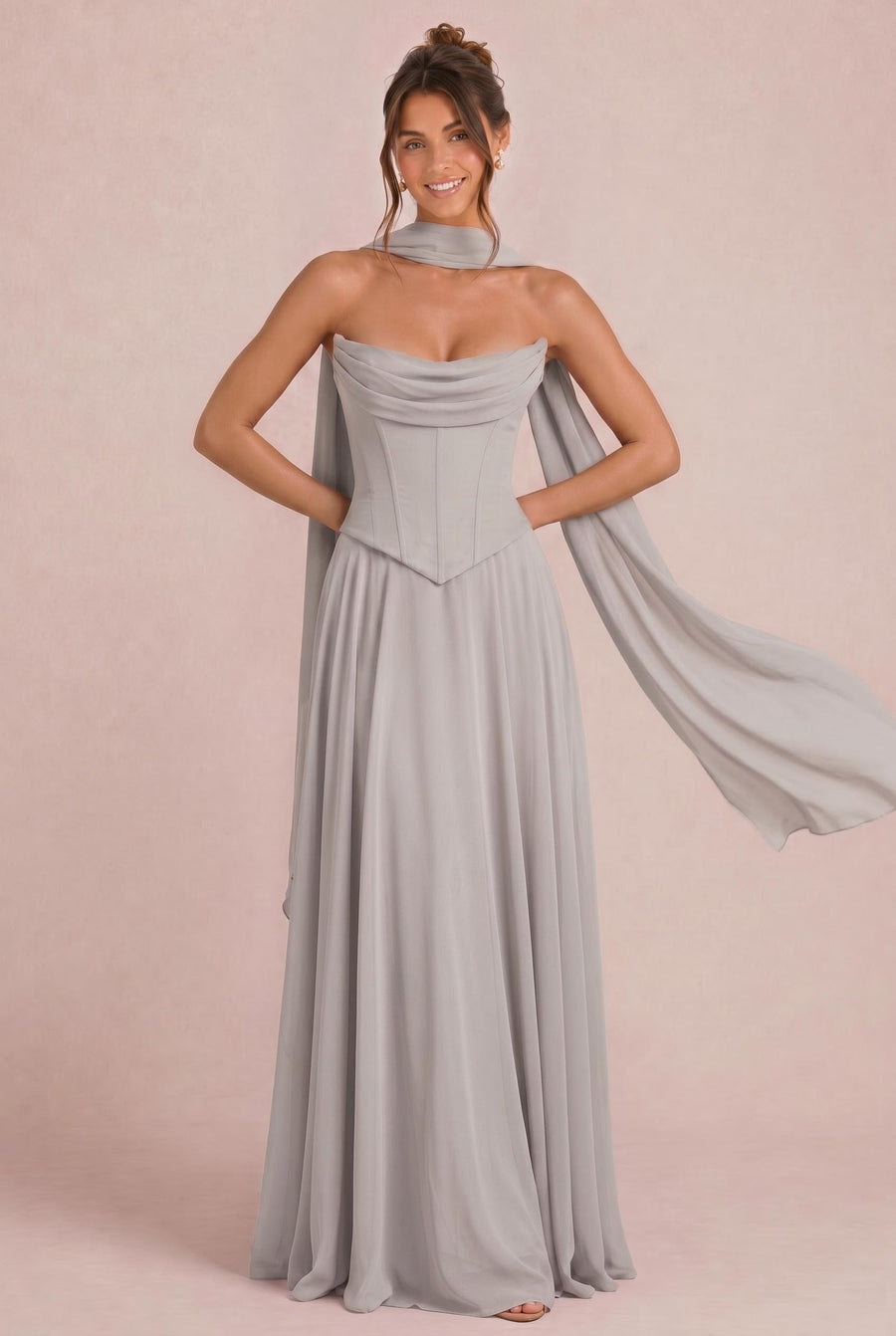 Tatiana Taupe | Vestido de dama de honor de duas peças em chiffon com corset e detalhe drapeado