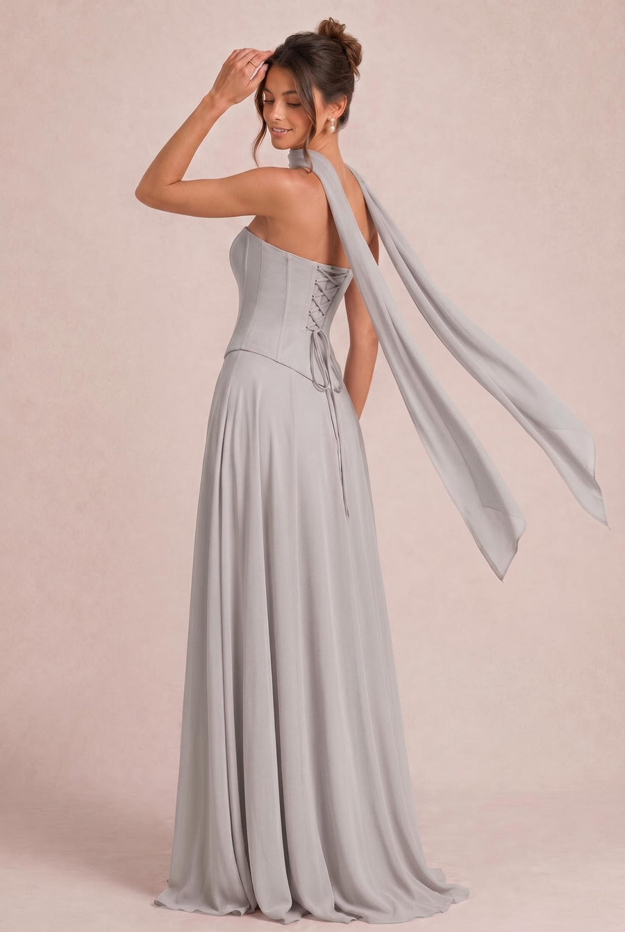 Tatiana Taupe | Vestido de dama de honor de duas peças em chiffon com corset e detalhe drapeado