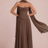 Tatiana Café | Vestido de dama de honor de duas peças em chiffon com corset e detalhe drapeado