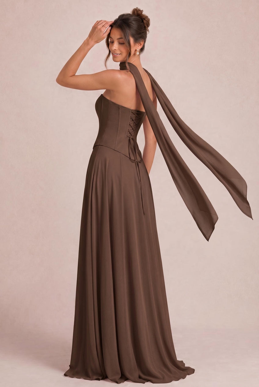 Tatiana Café | Vestido de dama de honor de duas peças em chiffon com corset e detalhe drapeado