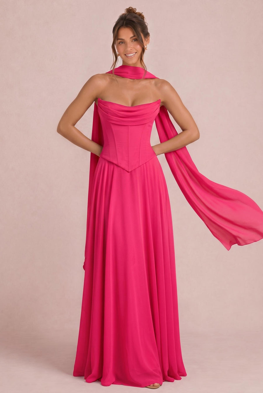 Tatiana Rosa Quente | Vestido de dama de honor de duas peças em chiffon com corset e detalhe drapeado