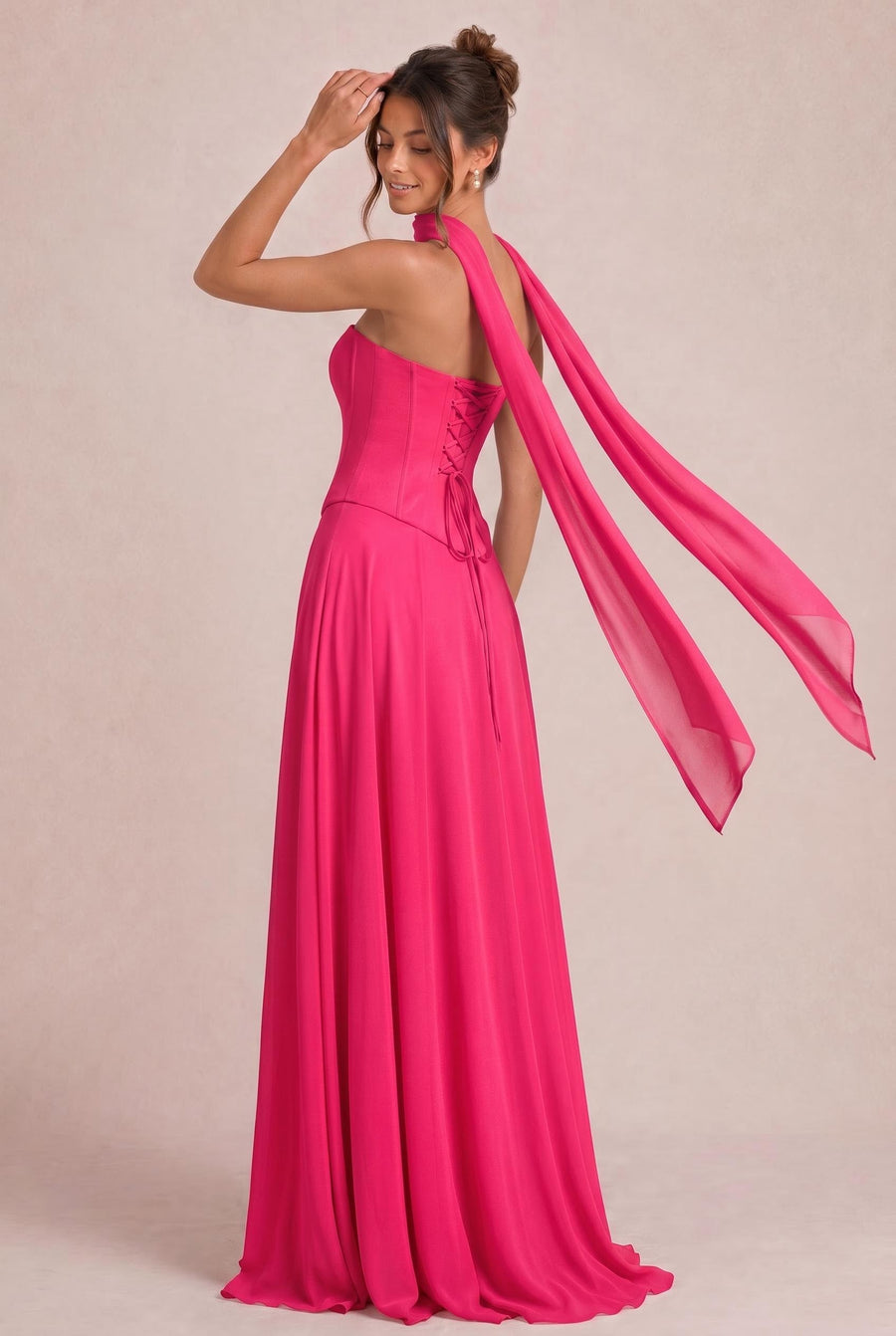 Tatiana Rosa Quente | Vestido de dama de honor de duas peças em chiffon com corset e detalhe drapeado