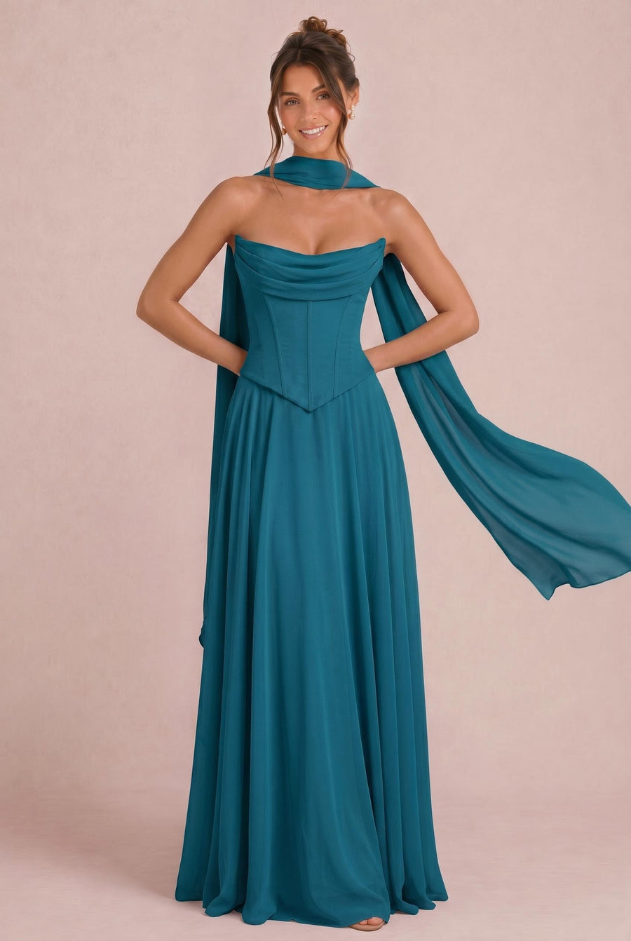 Tatiana Azul Tinta | Vestido de dama de honor de duas peças em chiffon com corset e detalhe drapeado