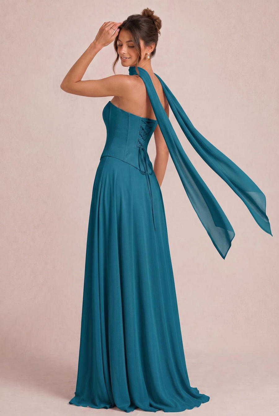 Tatiana Azul Tinta | Vestido de dama de honor de duas peças em chiffon com corset e detalhe drapeado