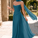 Tatiana Azul Tinta | Vestido de dama de honor de duas peças em chiffon com corset e detalhe drapeado