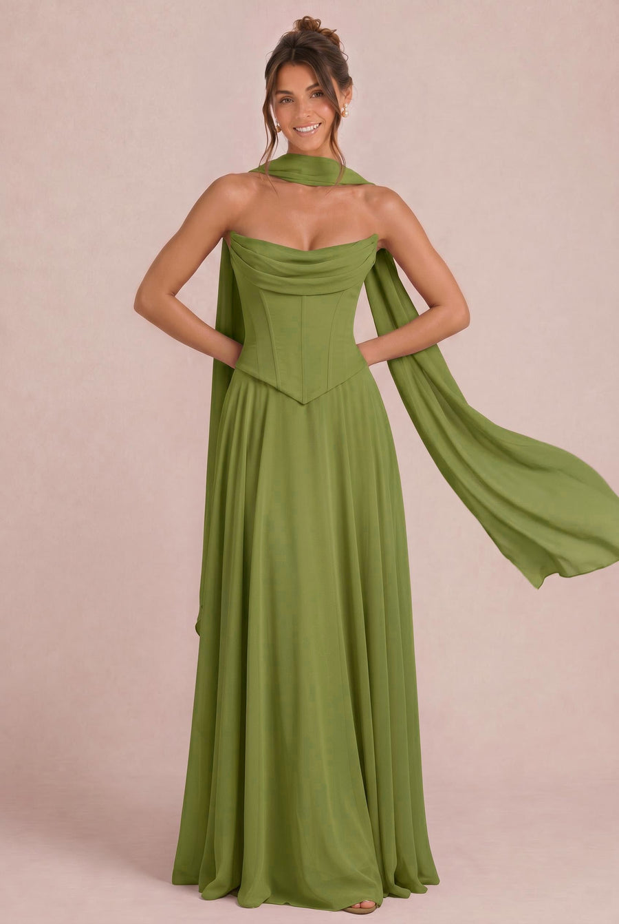 Tatiana Verde Azeitona | Vestido de dama de honor de duas peças em chiffon com corset e detalhe drapeado