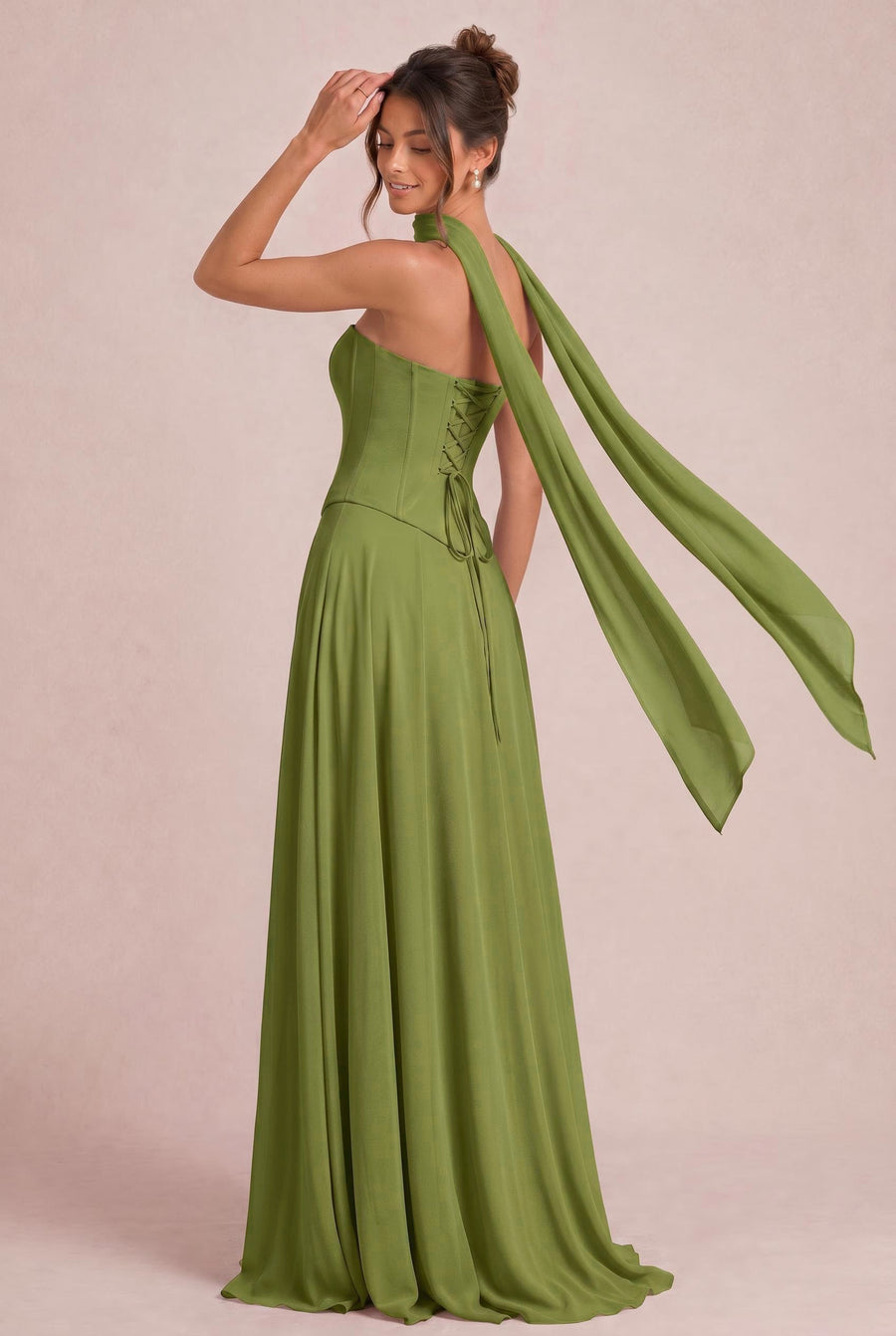 Tatiana Verde Azeitona | Vestido de dama de honor de duas peças em chiffon com corset e detalhe drapeado