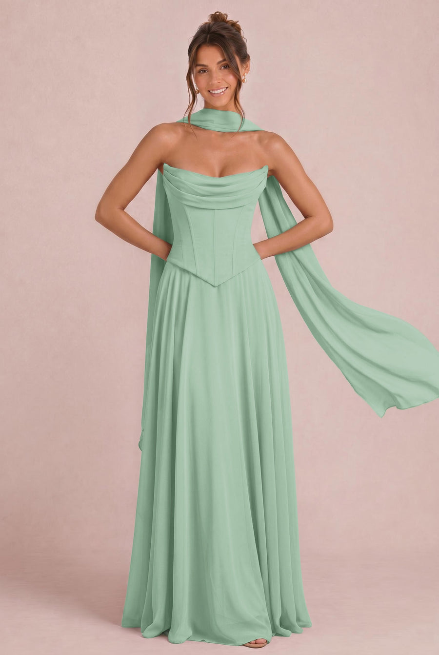 Tatiana Verde Salva | Vestido de dama de honor de duas peças em chiffon com corset e detalhe drapeado