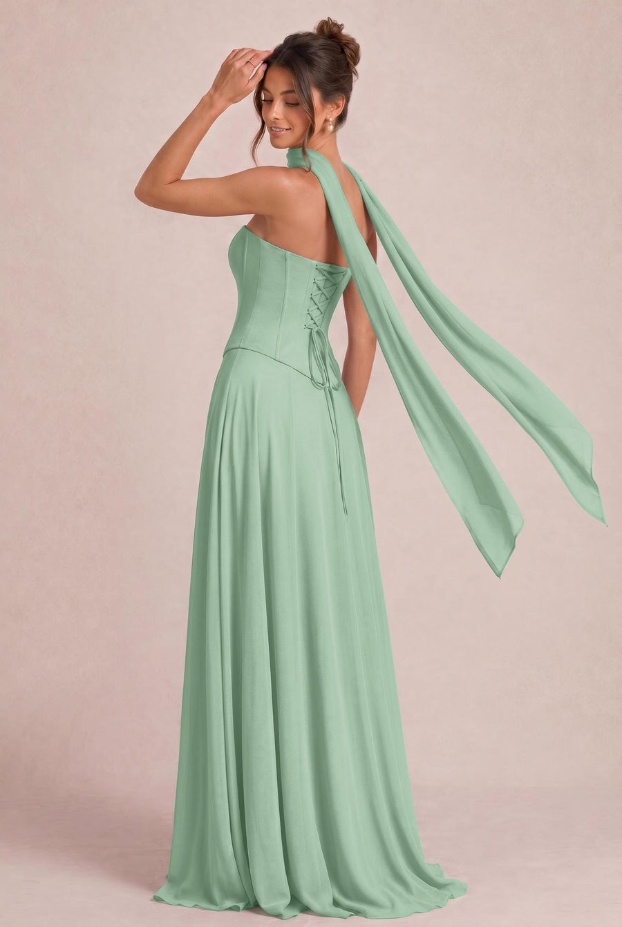 Tatiana Verde Salva | Vestido de dama de honor de duas peças em chiffon com corset e detalhe drapeado