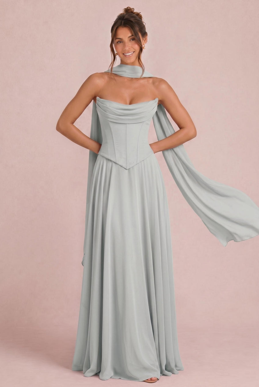 Tatiana Prateado | Vestido de dama de honor de duas peças em chiffon com corset e detalhe drapeado