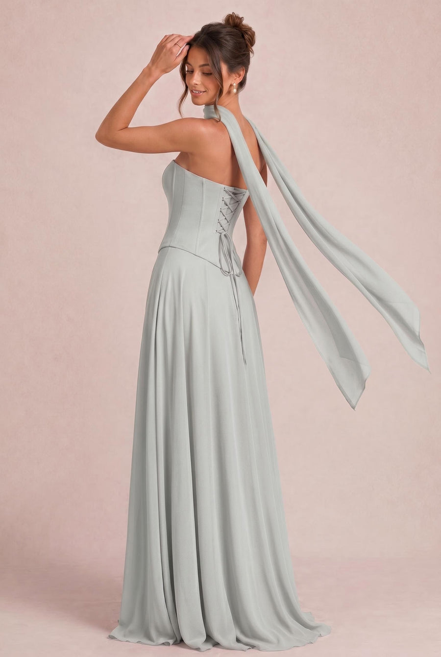 Tatiana Prateado | Vestido de dama de honor de duas peças em chiffon com corset e detalhe drapeado