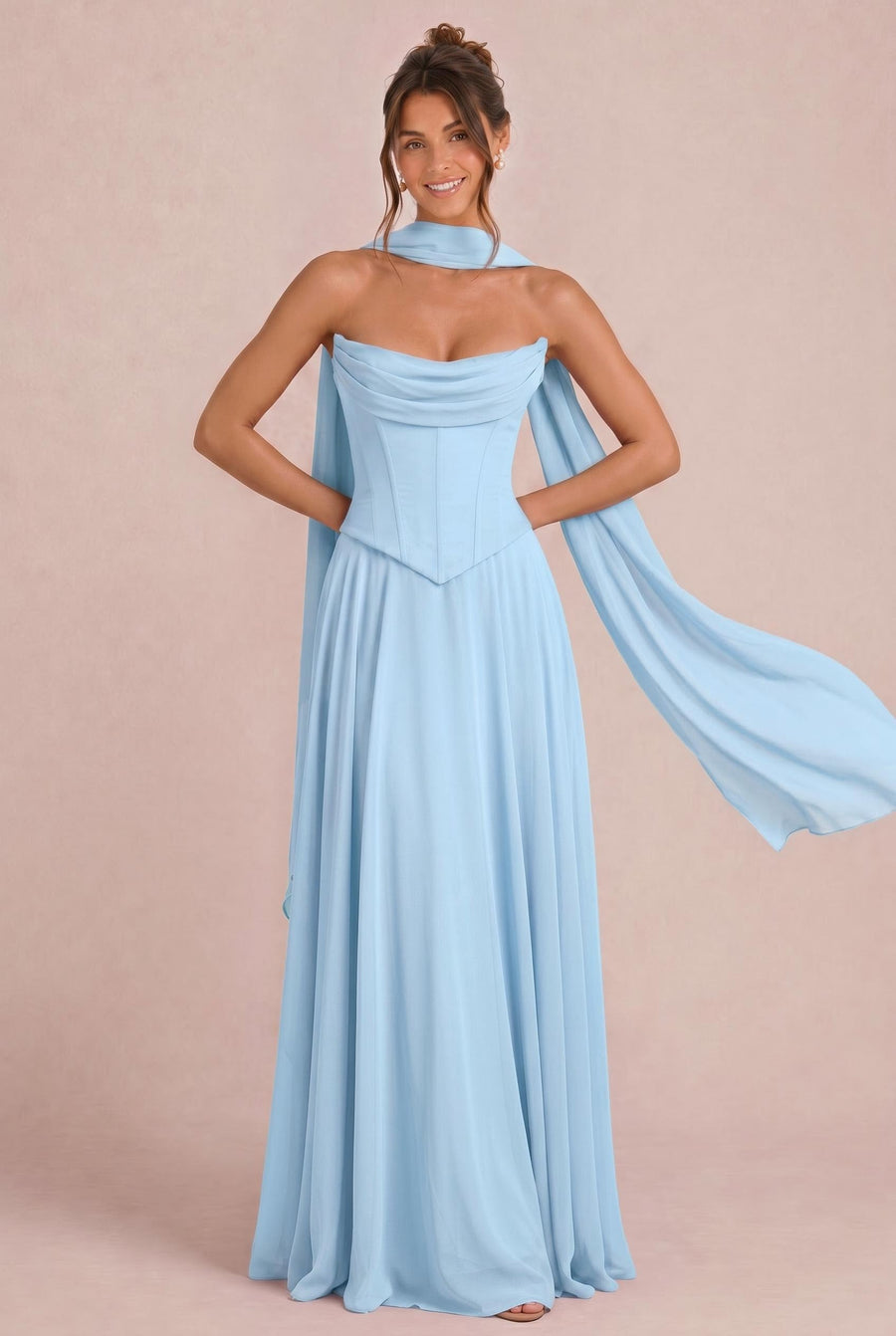 Tatiana Azul Celeste | Vestido de dama de honor de duas peças em chiffon com corset e detalhe drapeado