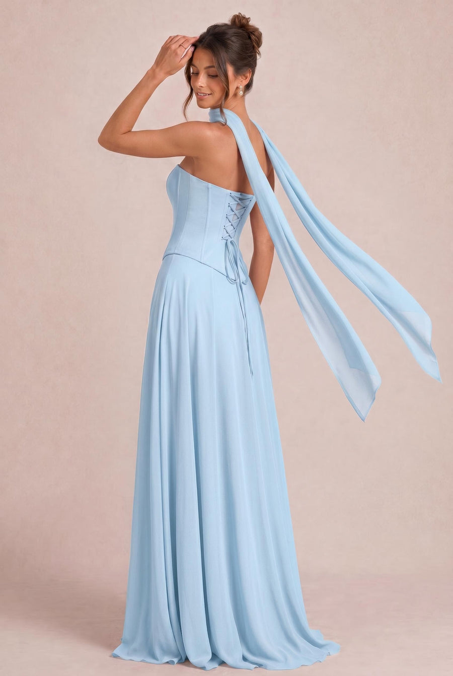 Tatiana Azul Celeste | Vestido de dama de honor de duas peças em chiffon com corset e detalhe drapeado