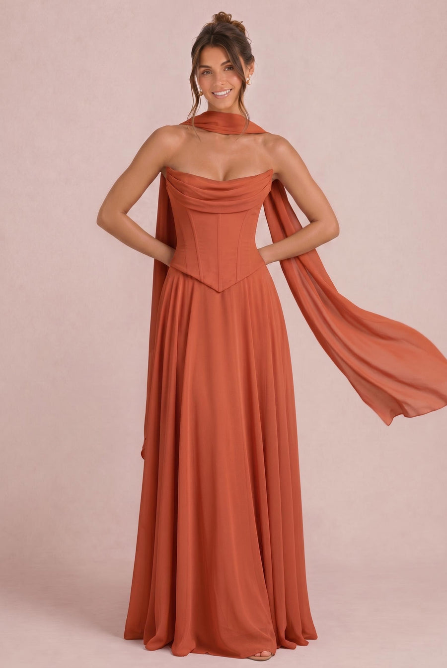 Tatiana Terracota | Vestido de dama de honor de duas peças em chiffon com corset e detalhe drapeado