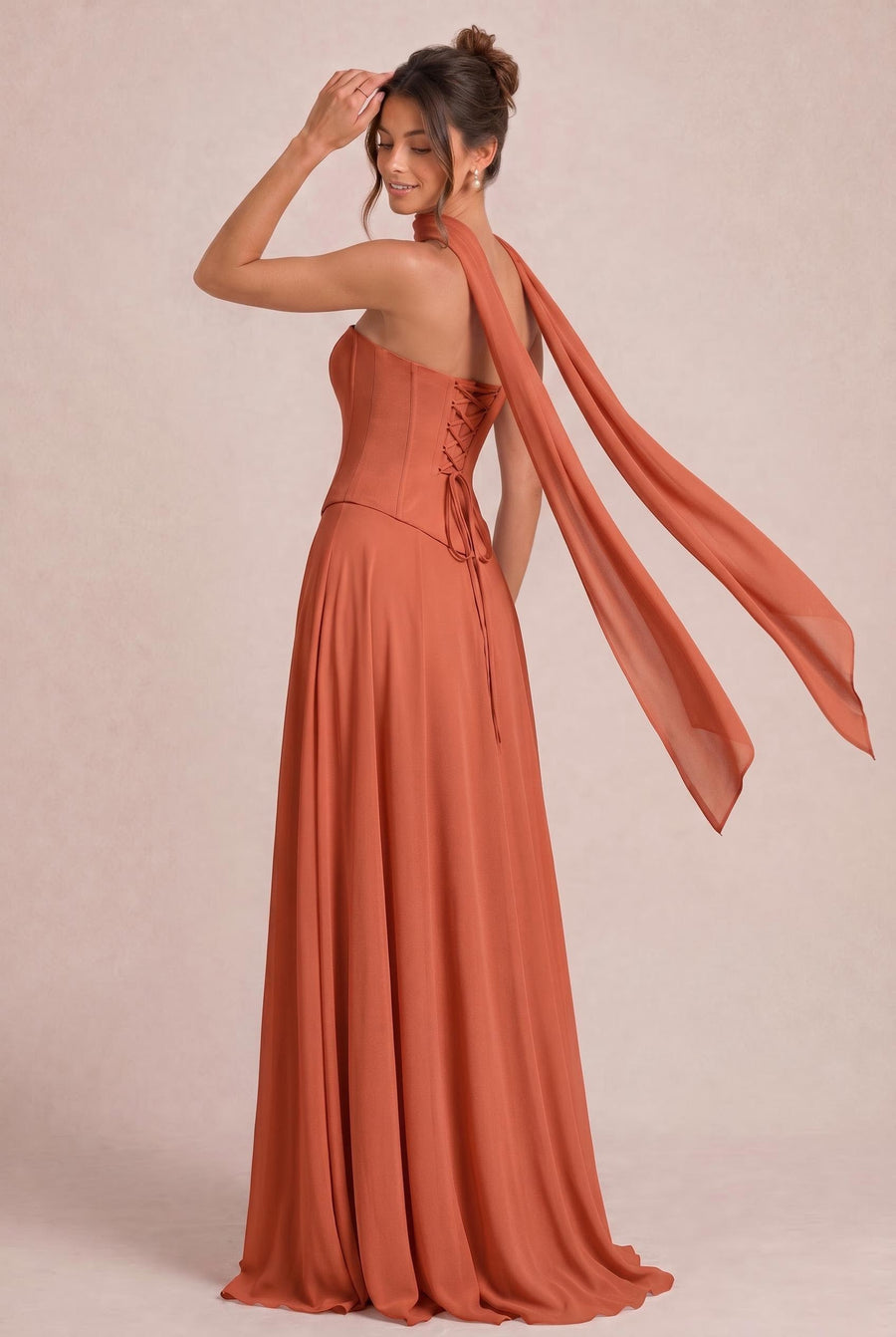Tatiana Terracota | Vestido de dama de honor de duas peças em chiffon com corset e detalhe drapeado