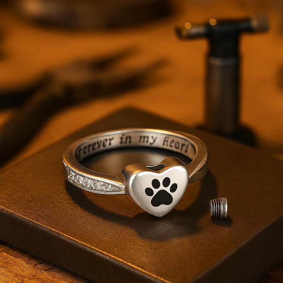 Bague Urne Patte et Cœur – Bijou Funéraire pour Animal de Compagnie