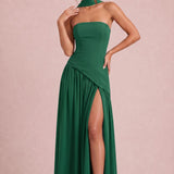 Vera Verde Escuro | Vestido de dama de honor evasê em chiffon com detalhe drapeado