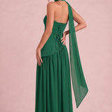 Vera Verde Escuro | Vestido de dama de honor evasê em chiffon com detalhe drapeado